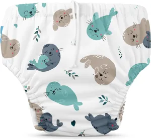 Charlie Banana Reusable Swim Diaper, Washable, Adjustable Drawstring for Baby Girls Boys, Soft and Snug Waterproof Fit to Prevent Leaks - Seally, Size L (22-34 lbs)