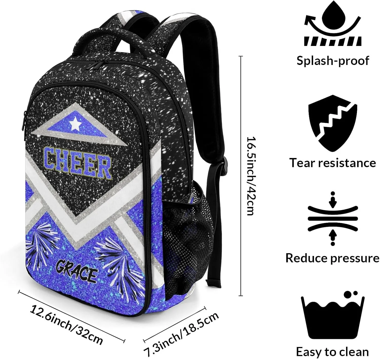 Cheer Cheerleader Black Klein Blue Backpack Waterproof Shoulder Laptop Bag for Sport Competition Training Coach Gift