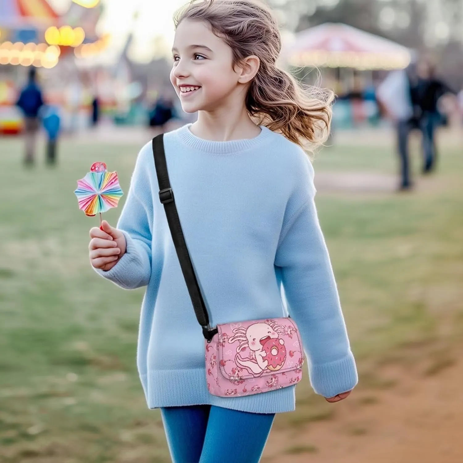 Cherry Donut Axolotl Little Girls Purses with Adjustable Shoulder Strap Cute Cellphone Pouch with Zipper Pockets Soft Flap Crossbody Bag for Outdoor