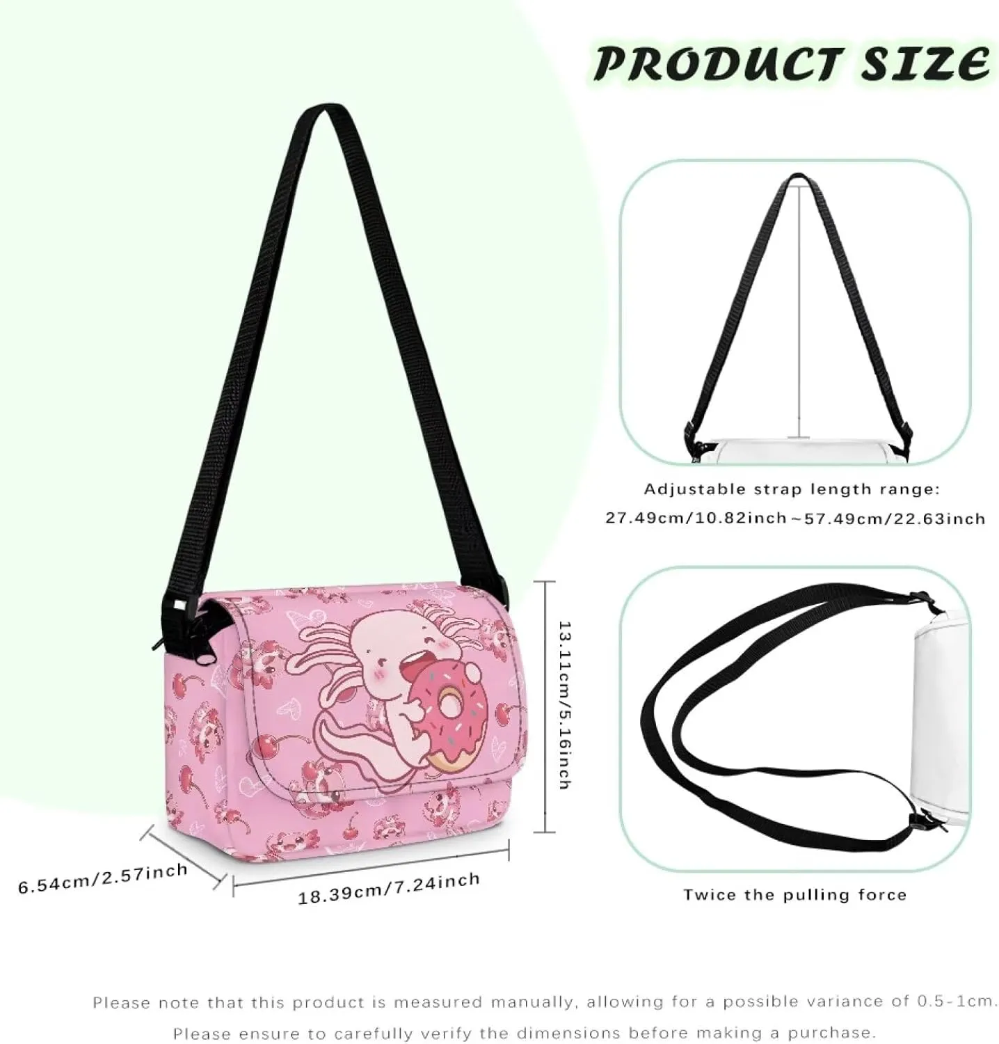 Cherry Donut Axolotl Little Girls Purses with Adjustable Shoulder Strap Cute Cellphone Pouch with Zipper Pockets Soft Flap Crossbody Bag for Outdoor