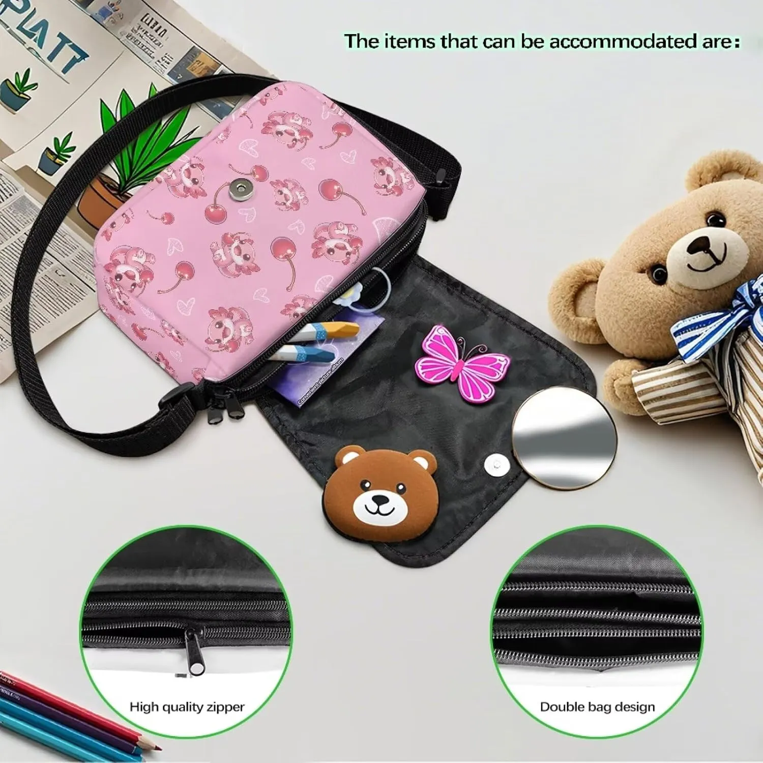 Cherry Donut Axolotl Little Girls Purses with Adjustable Shoulder Strap Cute Cellphone Pouch with Zipper Pockets Soft Flap Crossbody Bag for Outdoor