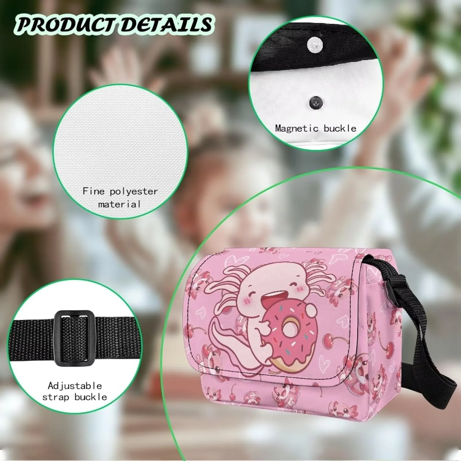 Cherry Donut Axolotl Little Girls Purses with Adjustable Shoulder Strap Cute Cellphone Pouch with Zipper Pockets Soft Flap Crossbody Bag for Outdoor