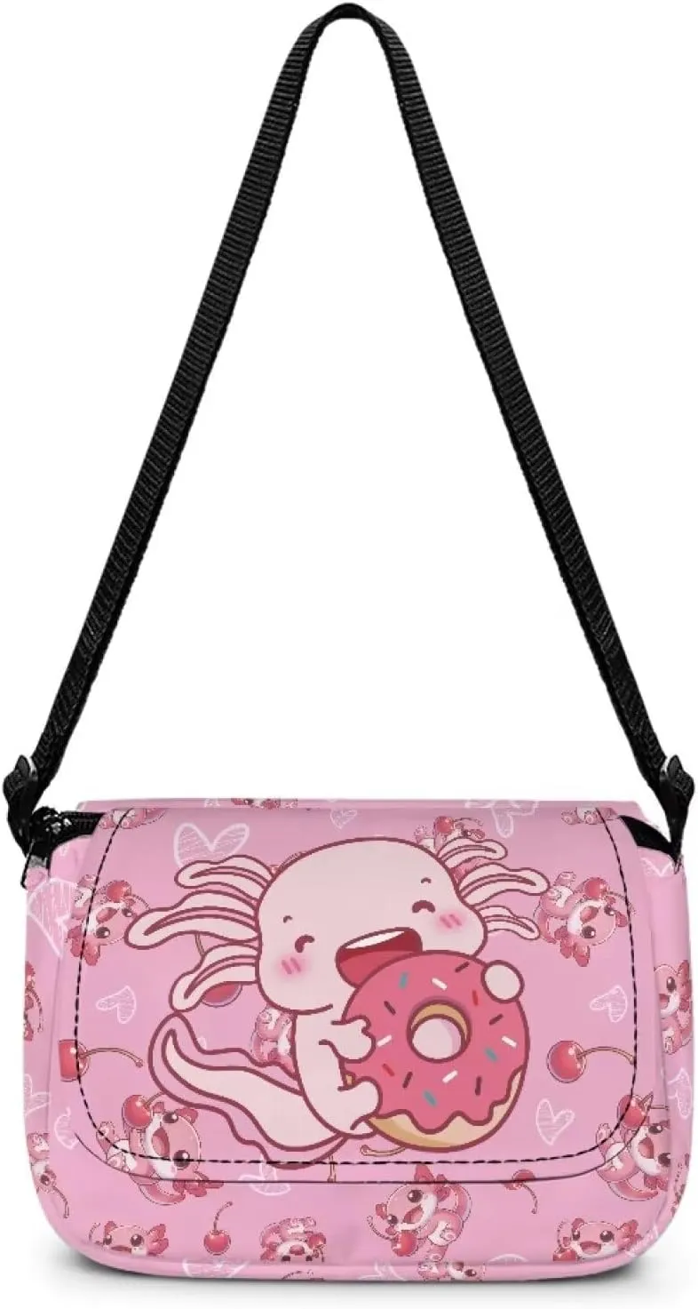 Cherry Donut Axolotl Little Girls Purses with Adjustable Shoulder Strap Cute Cellphone Pouch with Zipper Pockets Soft Flap Crossbody Bag for Outdoor