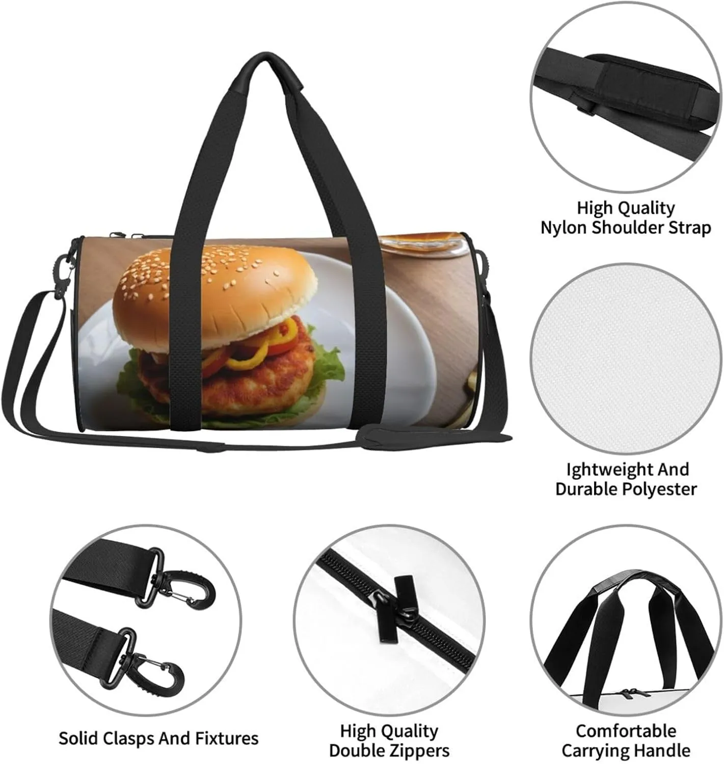 Chicken leg burger drink Printed Travel Bag,Round Personal Item Storage bag,Foldie Duffel Bag for Traveling Vacation,Fitness,Sports