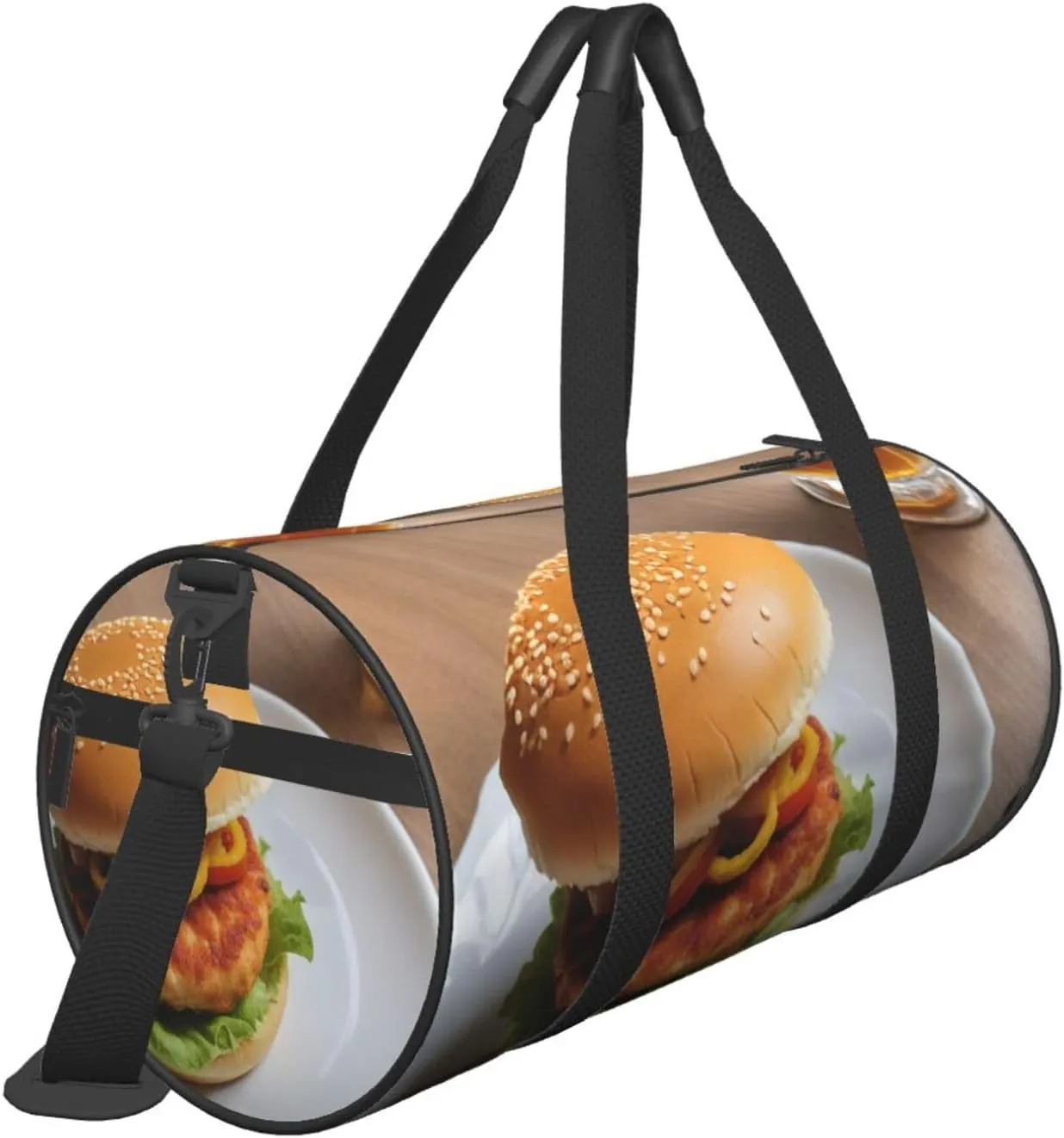 Chicken leg burger drink Printed Travel Bag,Round Personal Item Storage bag,Foldie Duffel Bag for Traveling Vacation,Fitness,Sports