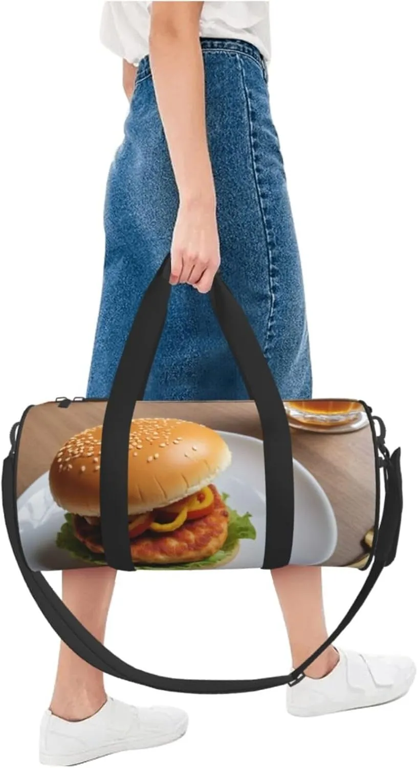 Chicken leg burger drink Printed Travel Bag,Round Personal Item Storage bag,Foldie Duffel Bag for Traveling Vacation,Fitness,Sports