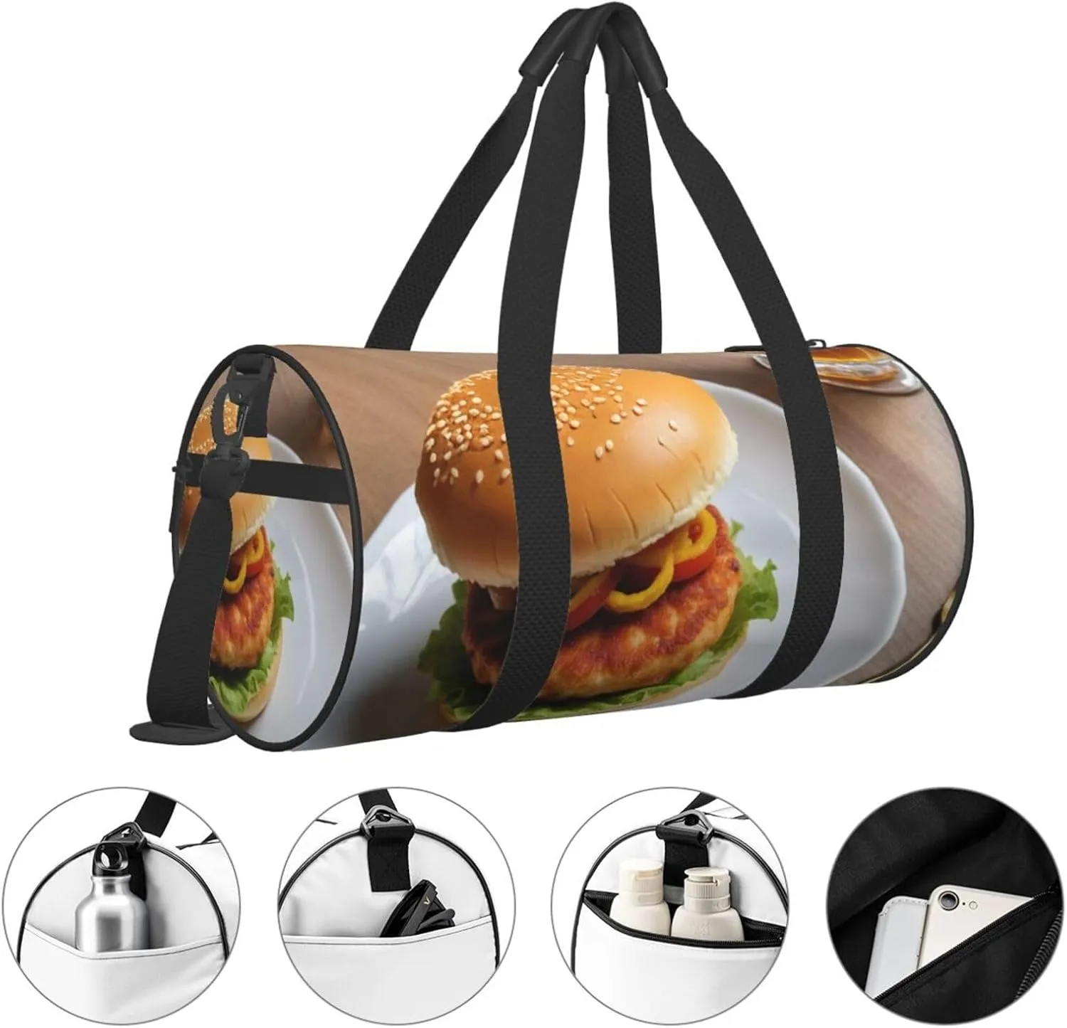 Chicken leg burger drink Printed Travel Bag,Round Personal Item Storage bag,Foldie Duffel Bag for Traveling Vacation,Fitness,Sports