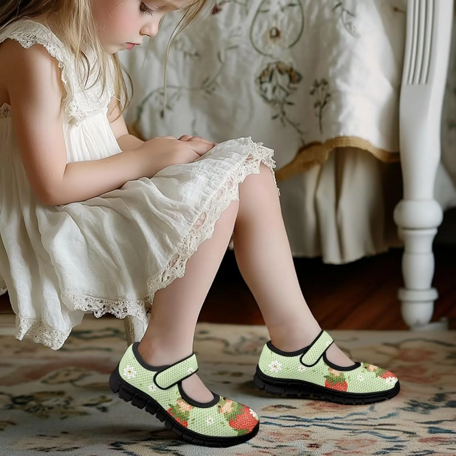 Children's Cartoon Single Buckle Sneaker,Girls Comfort Breathable Mesh Casual Shoes,Low-top Flat Shoes,Black Sole