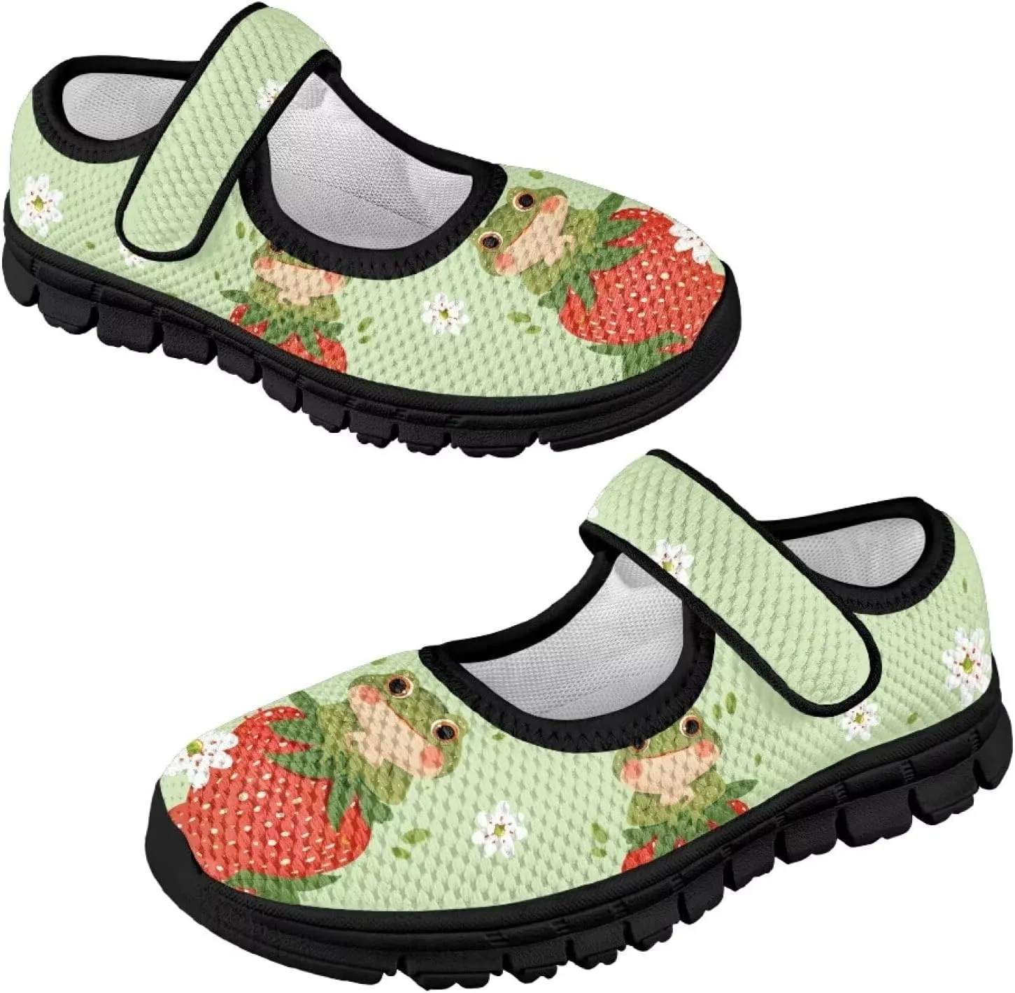 Children's Cartoon Single Buckle Sneaker,Girls Comfort Breathable Mesh Casual Shoes,Low-top Flat Shoes,Black Sole