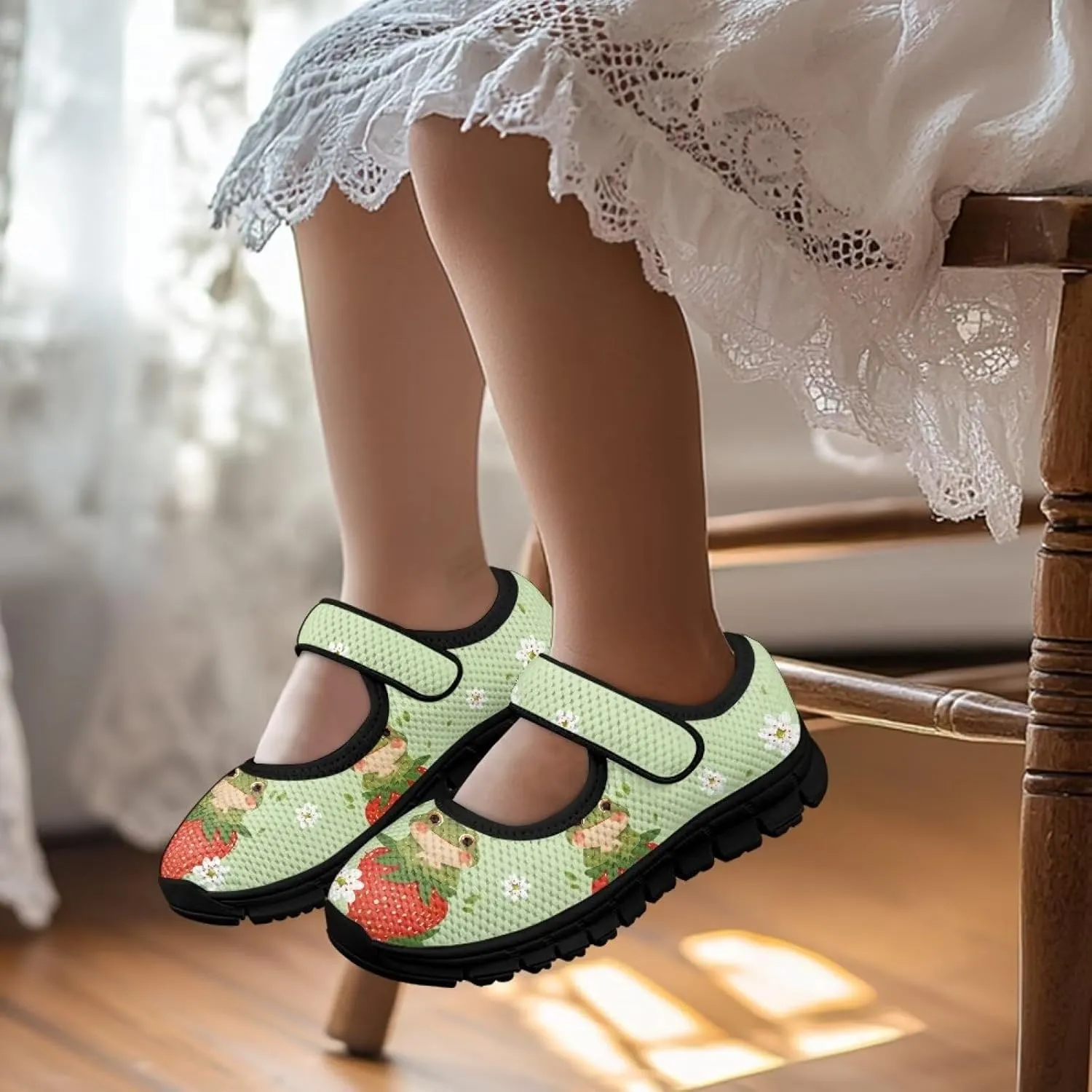 Children's Cartoon Single Buckle Sneaker,Girls Comfort Breathable Mesh Casual Shoes,Low-top Flat Shoes,Black Sole