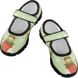 Children's Cartoon Single Buckle Sneaker,Girls Comfort Breathable Mesh Casual Shoes,Low-top Flat Shoes,Black Sole