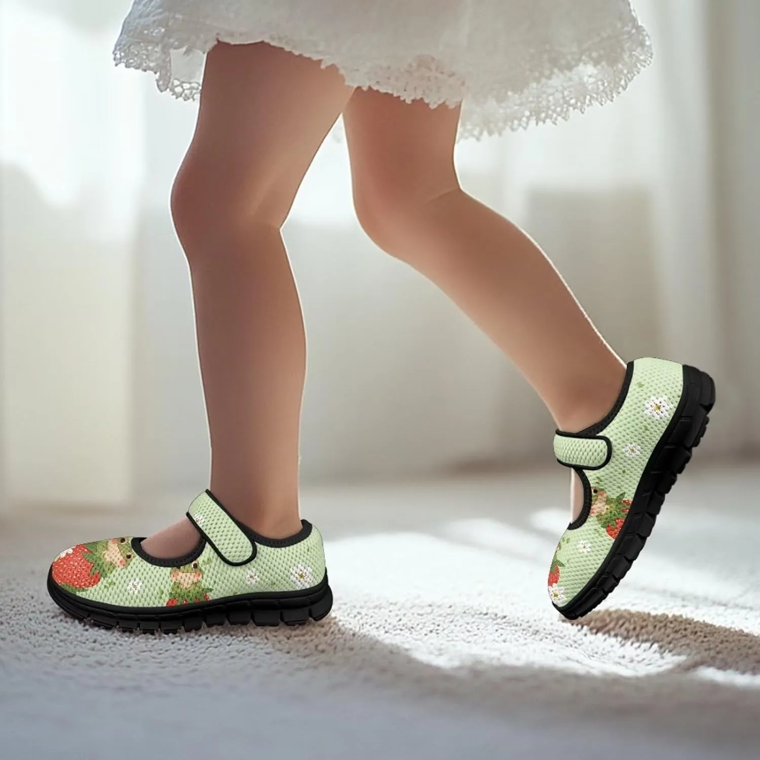 Children's Cartoon Single Buckle Sneaker,Girls Comfort Breathable Mesh Casual Shoes,Low-top Flat Shoes,Black Sole