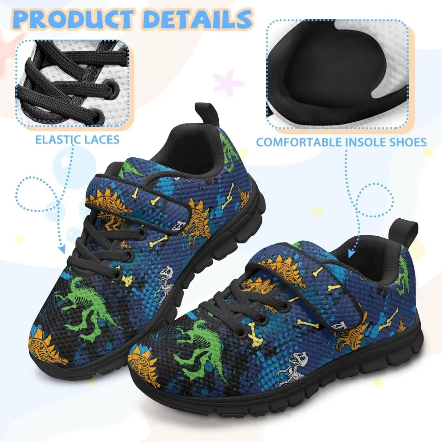 Children's Dinosaur School Sneaker Running Barefoot Shoes Lace Up Hiking Sneakers for Boys Girls