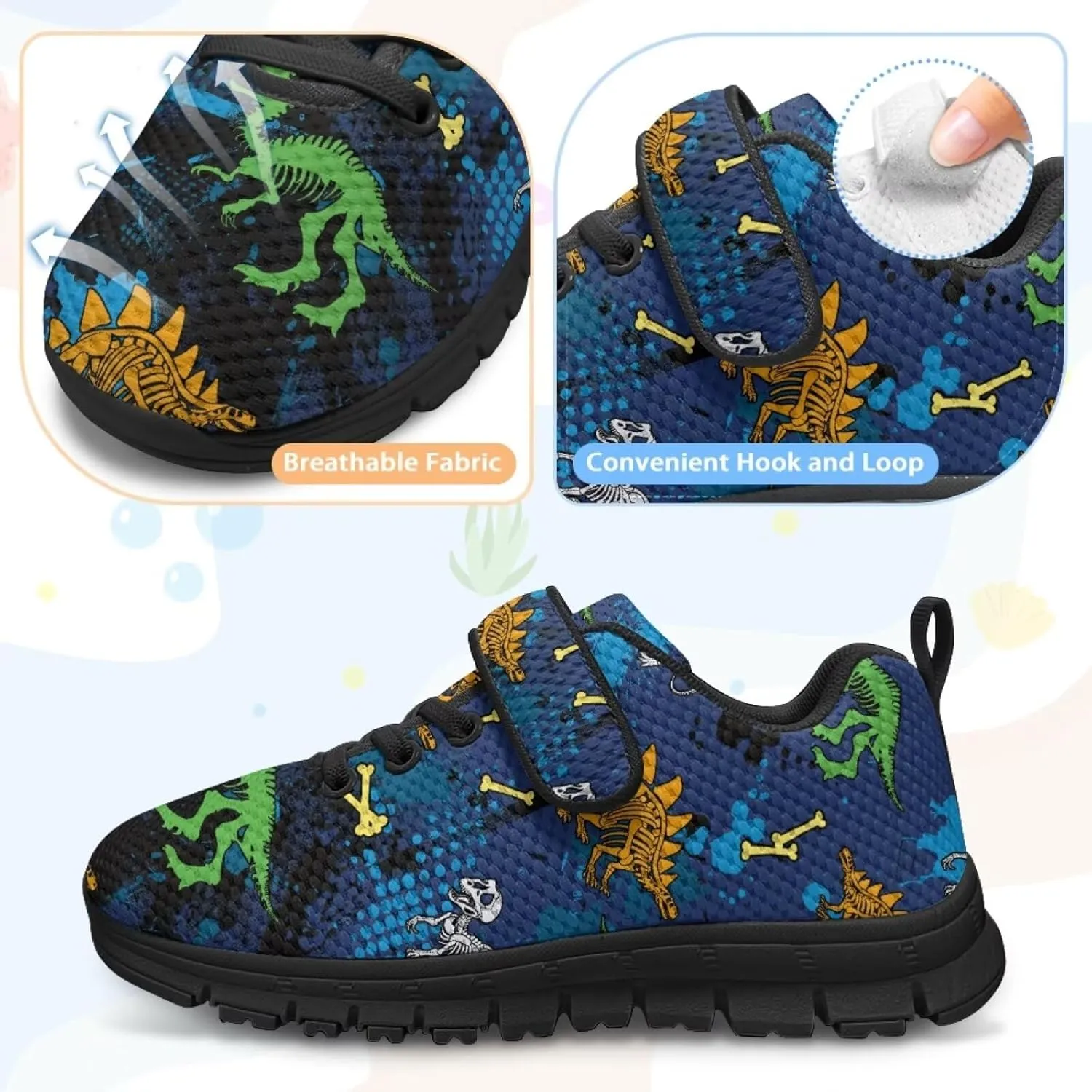 Children's Dinosaur School Sneaker Running Barefoot Shoes Lace Up Hiking Sneakers for Boys Girls