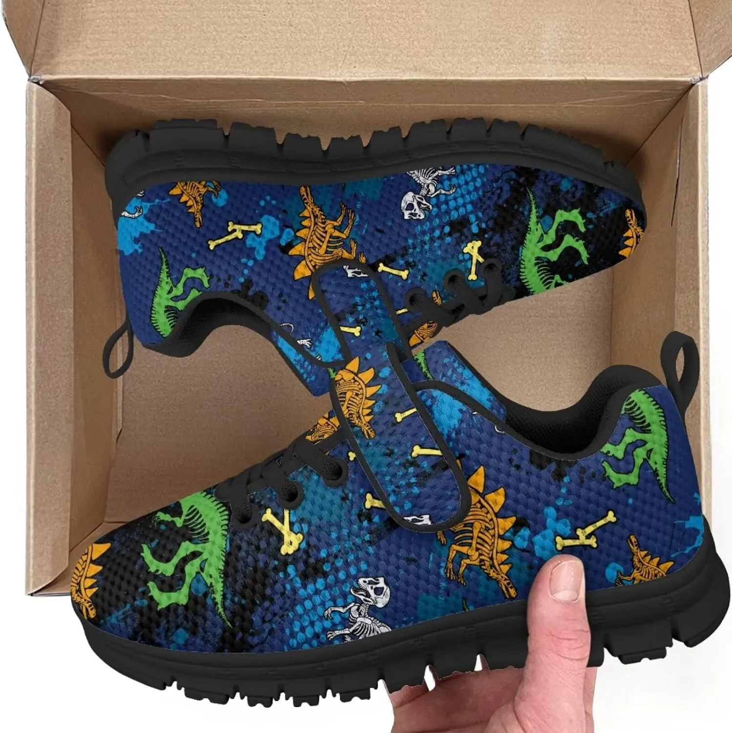Children's Dinosaur School Sneaker Running Barefoot Shoes Lace Up Hiking Sneakers for Boys Girls