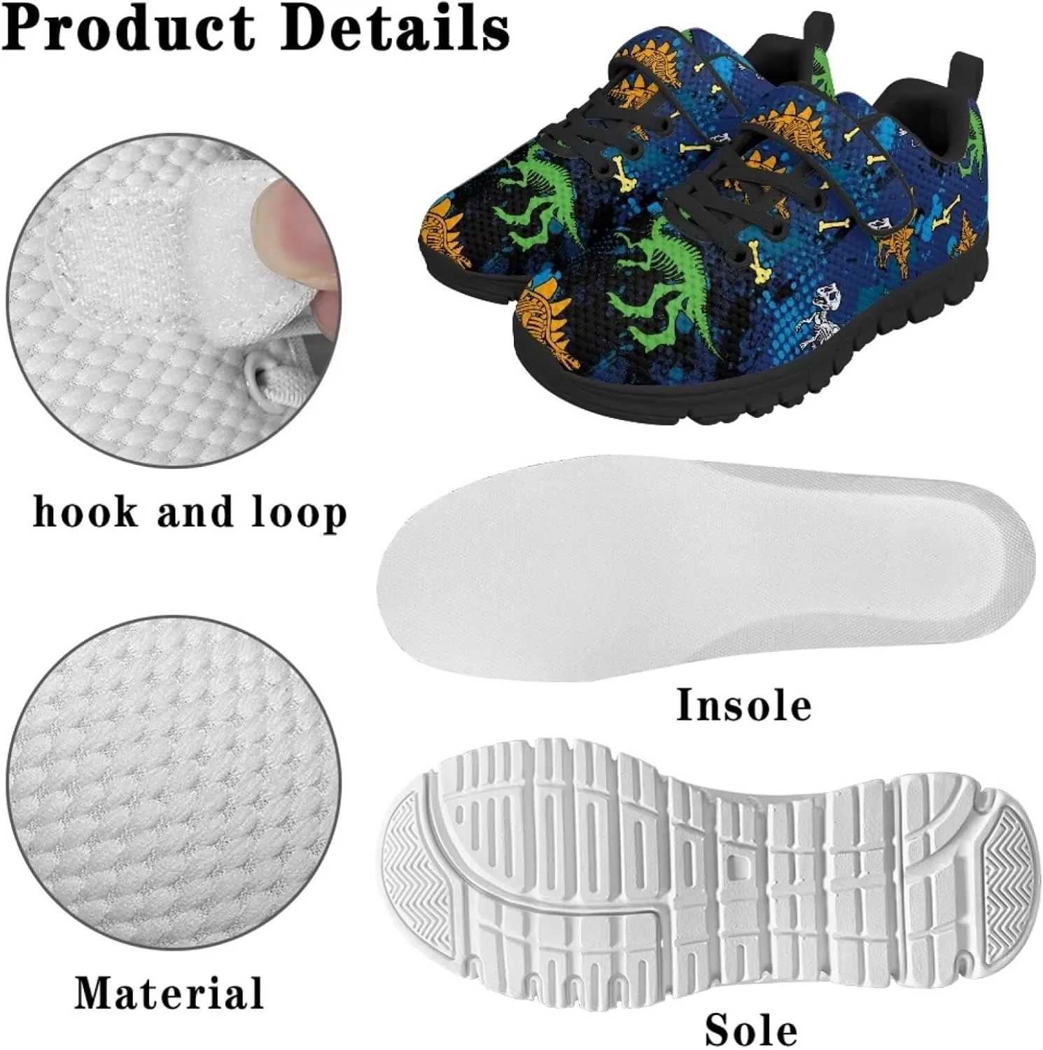 Children's Dinosaur School Sneaker Running Barefoot Shoes Lace Up Hiking Sneakers for Boys Girls