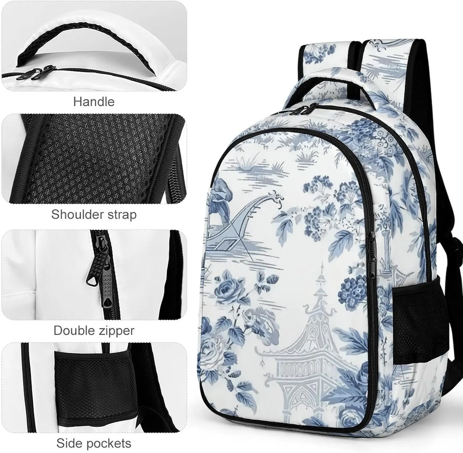 Chinese Style Powder Blue Chinoiserie Capacity Commuter Lightweight Fashion Travel Backpack Unisex