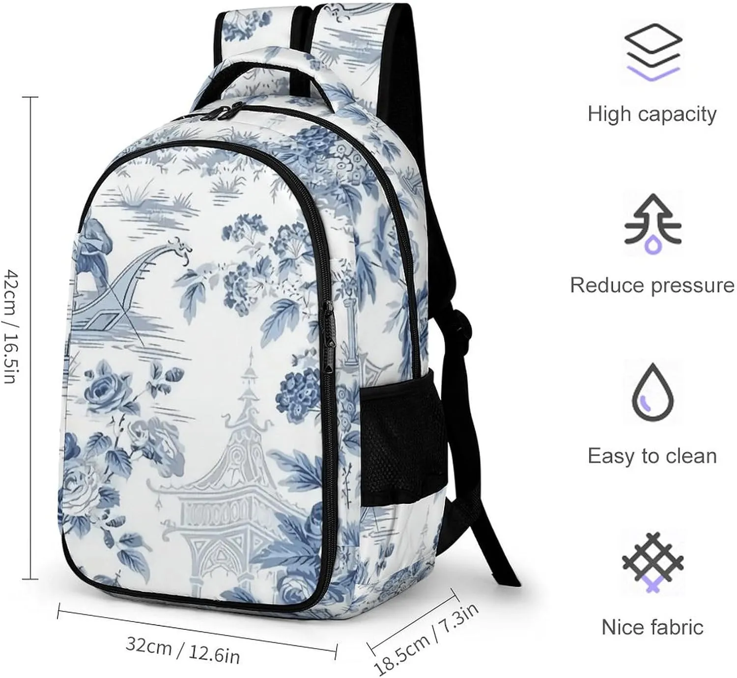 Chinese Style Powder Blue Chinoiserie Capacity Commuter Lightweight Fashion Travel Backpack Unisex
