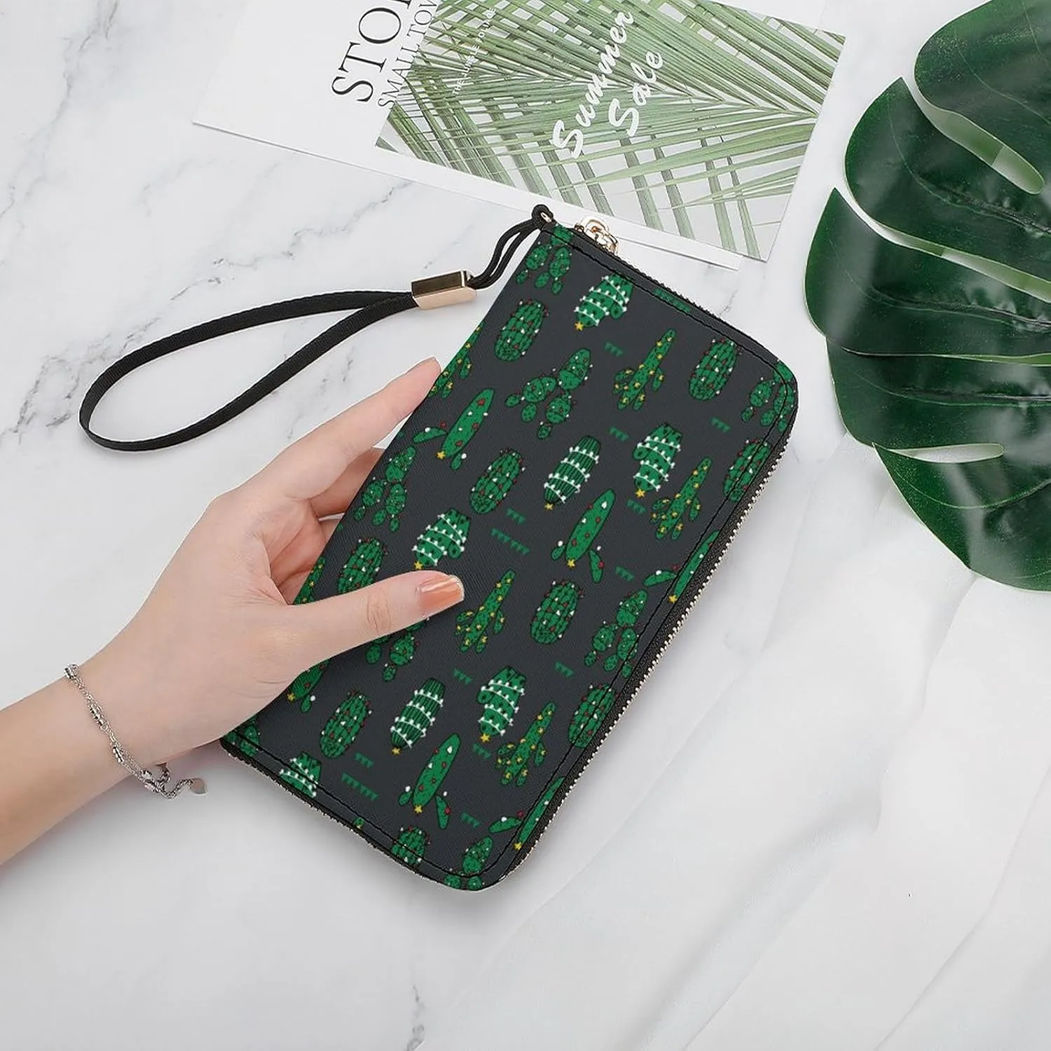 Christmas Cactus Women's Leather Long Large Capacity Wallet Clutch Wallet with Hand Strap, 20x10.5cm, style-6-2