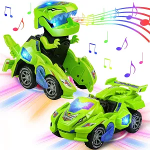 Christmas Dinosaur Toys for Kids Boys Transforming Dinosaur Car with LED Light Music Automatic Deformation Dino Race Car Stocking Stuffers for Boys Girls Toddlers 3 Year Old and Up
