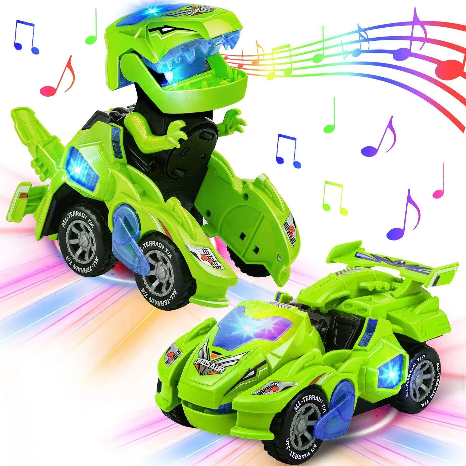 Christmas Dinosaur Toys for Kids Boys Transforming Dinosaur Car with LED Light Music Automatic Deformation Dino Race Car Stocking Stuffers for Boys Girls Toddlers 3 Year Old and Up