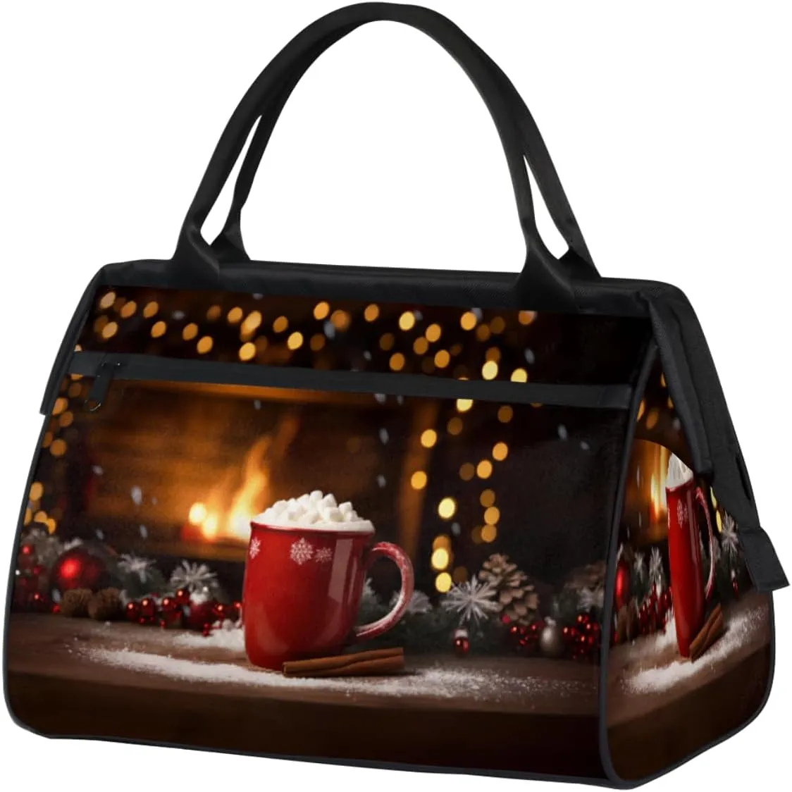 Christmas Milk Mug Fireplace Travel Duffle Bag, Waterproof Duffel Bag Weekender Overnight Carry On Bag Lightweight Sport Gym Bag for Men Women