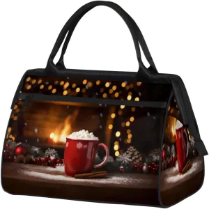 Christmas Milk Mug Fireplace Travel Duffle Bag, Waterproof Duffel Bag Weekender Overnight Carry On Bag Lightweight Sport Gym Bag for Men Women