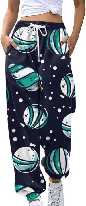 Christmas Sweatpants Women Loose Breathable Casual Pants Christmas Hat Christmas Tree Snowman Print Side Pockets