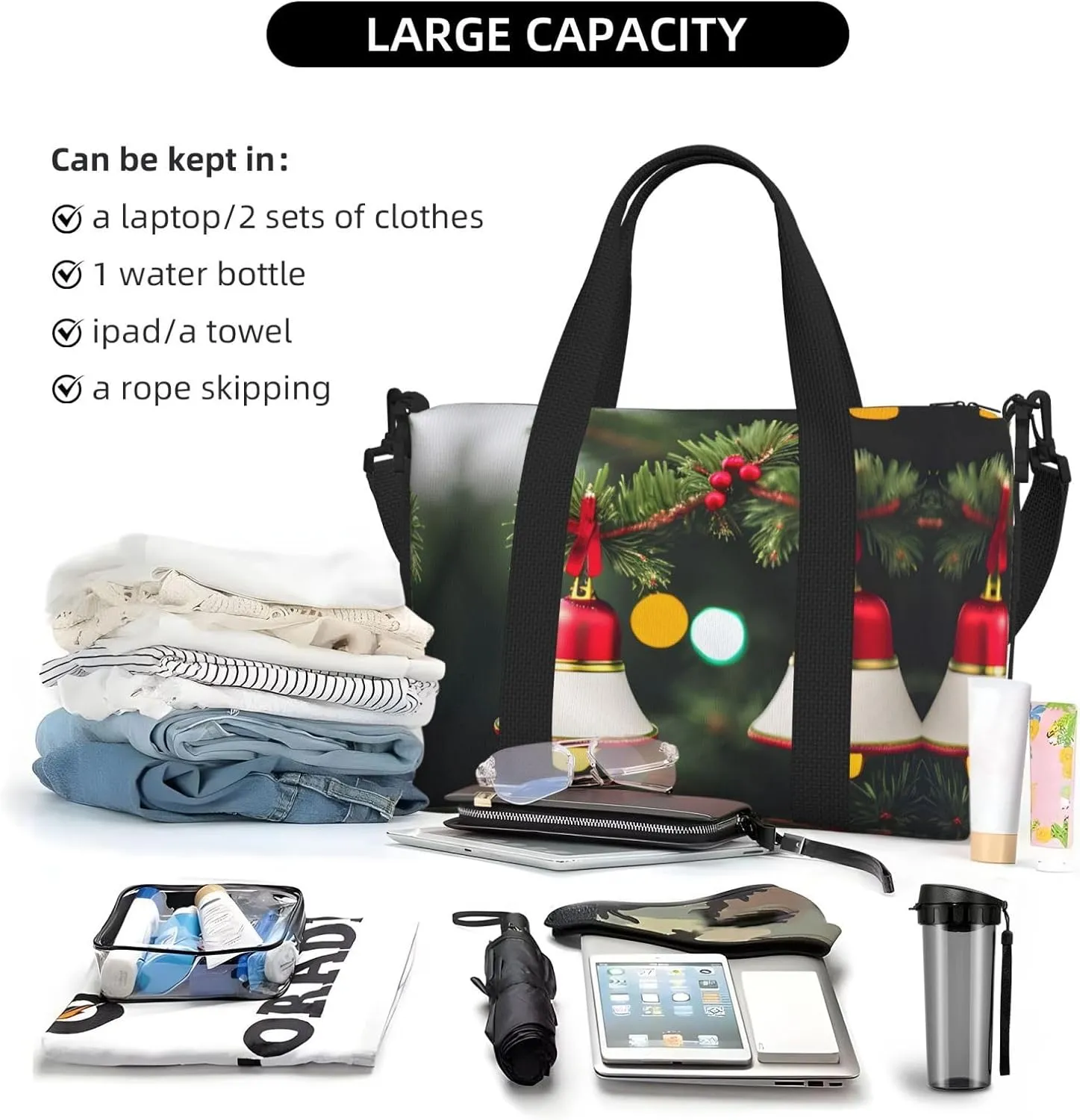 Christmas Tree And Bell Small Duffel Bag Foldable Travel Bag Weekender Bag Overnight Gym Hospital Bags For Women&Men
