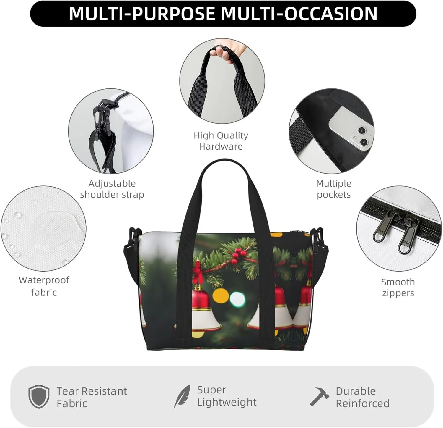 Christmas Tree And Bell Small Duffel Bag Foldable Travel Bag Weekender Bag Overnight Gym Hospital Bags For Women&Men