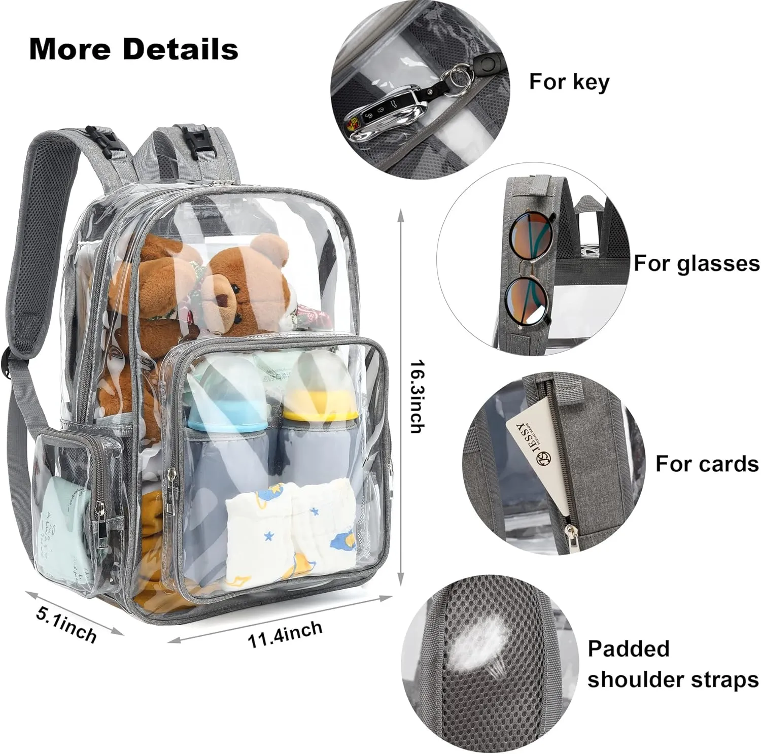Clear Diaper Bag Backpack for Baby Girls Boys, Mom Nappy Bags for Women (Grey)