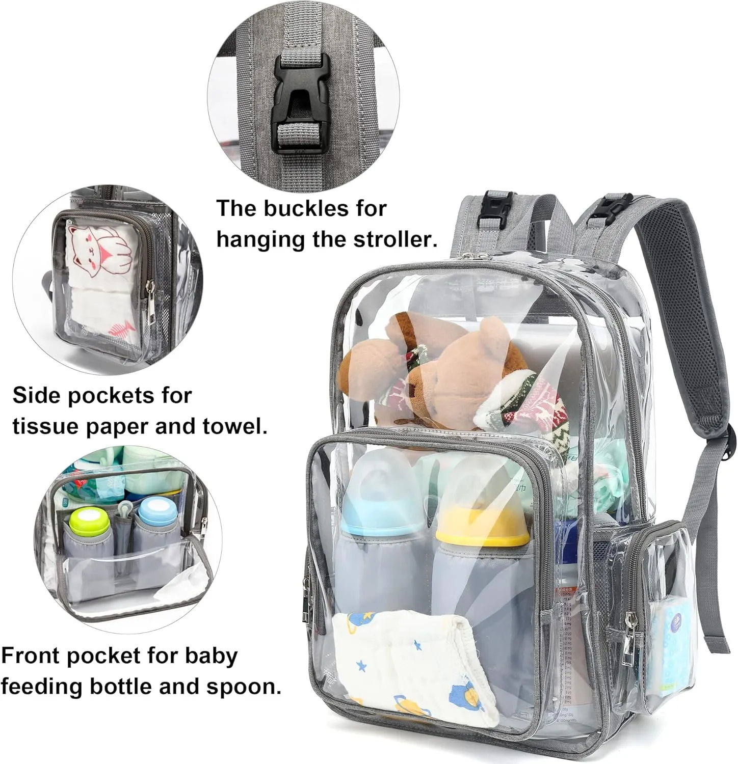 Clear Diaper Bag Backpack for Baby Girls Boys, Mom Nappy Bags for Women (Grey)