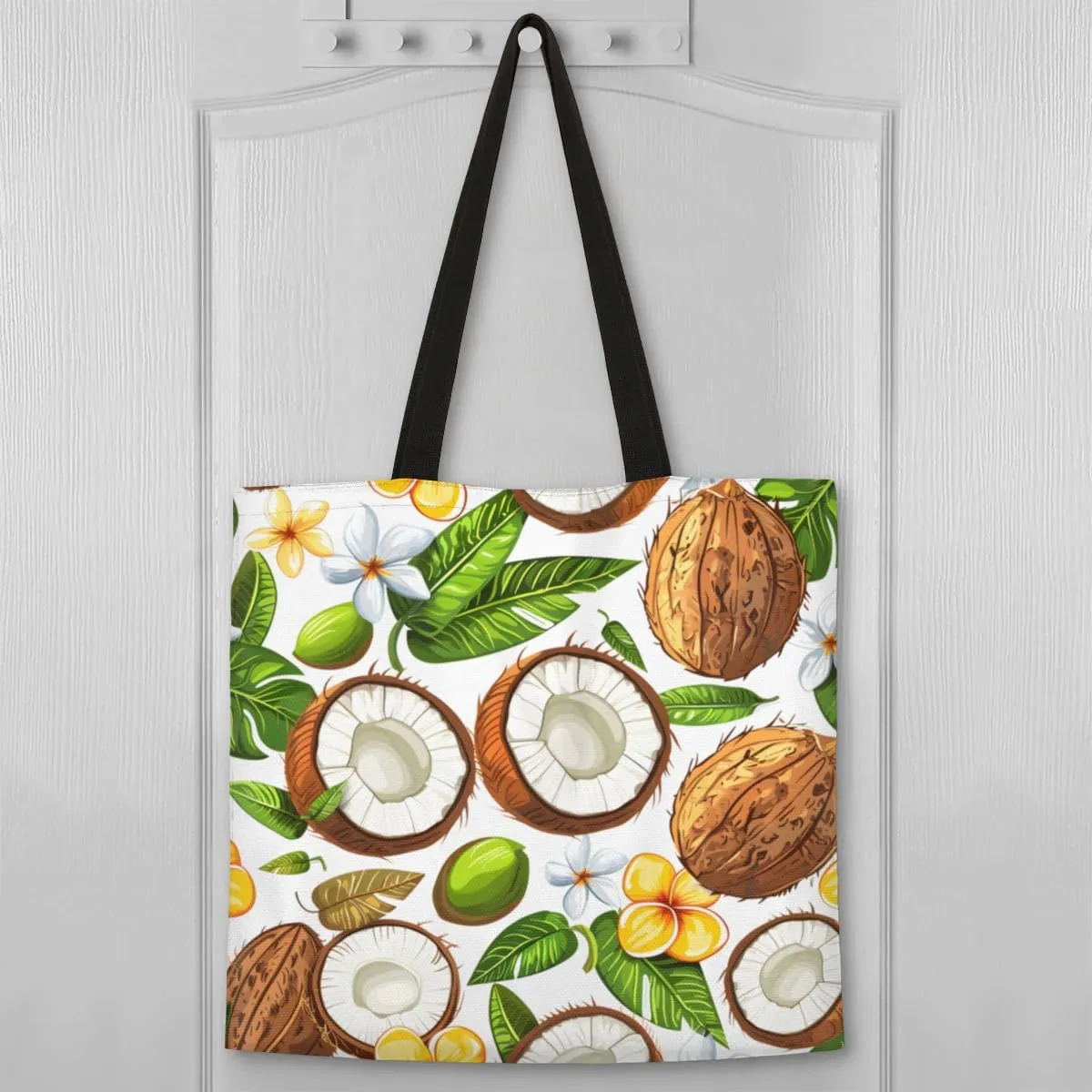 Coconuts Tropical Leaves Flowers Canvas Tote Bag for Women Men Stylish Tote Handbag Shoulder Bag Reusable Grocery Bag