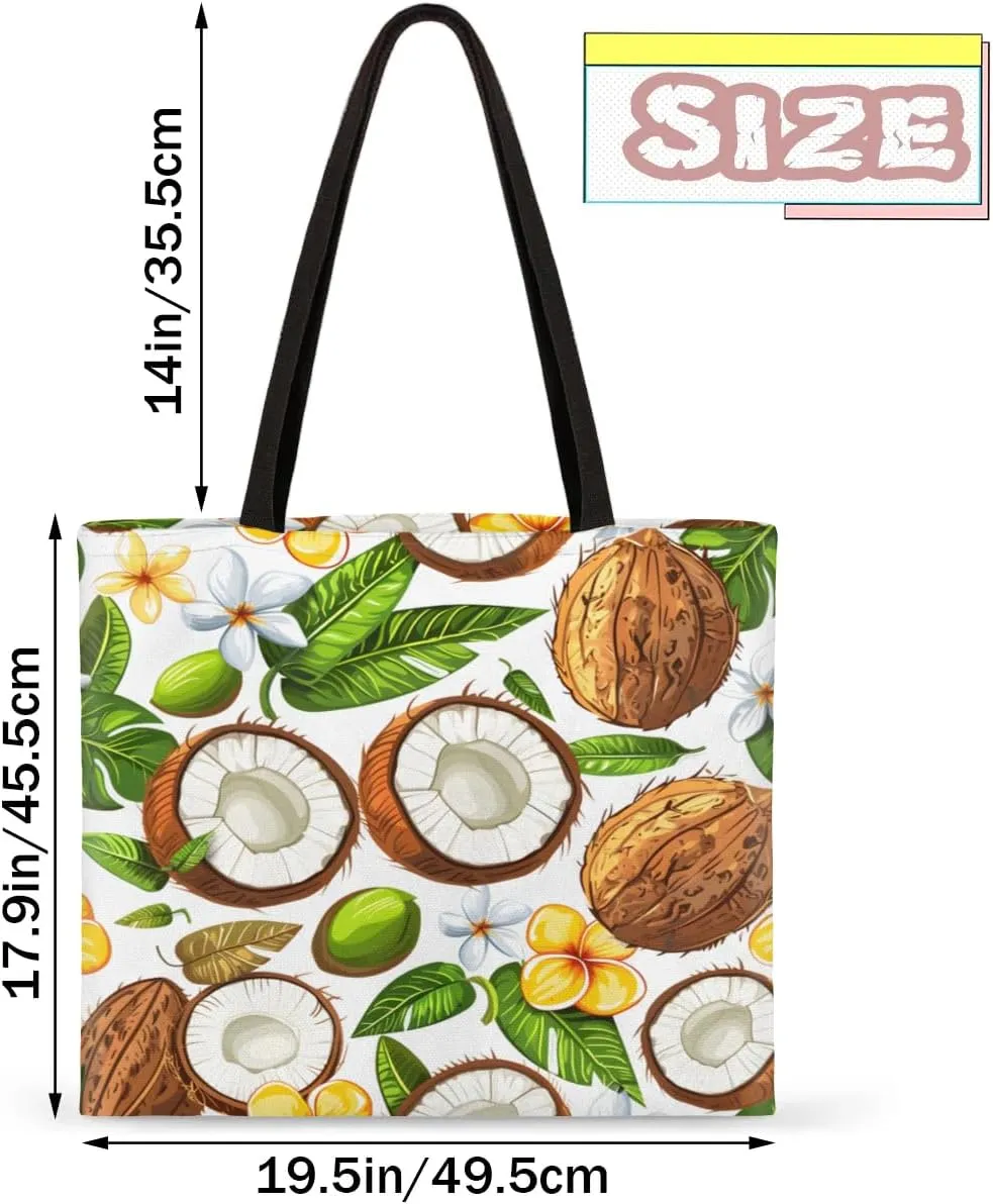 Coconuts Tropical Leaves Flowers Canvas Tote Bag for Women Men Stylish Tote Handbag Shoulder Bag Reusable Grocery Bag