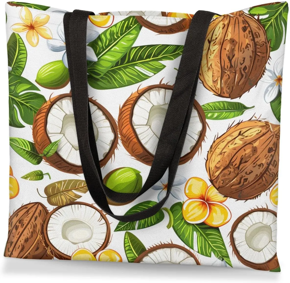 Coconuts Tropical Leaves Flowers Canvas Tote Bag for Women Men Stylish Tote Handbag Shoulder Bag Reusable Grocery Bag