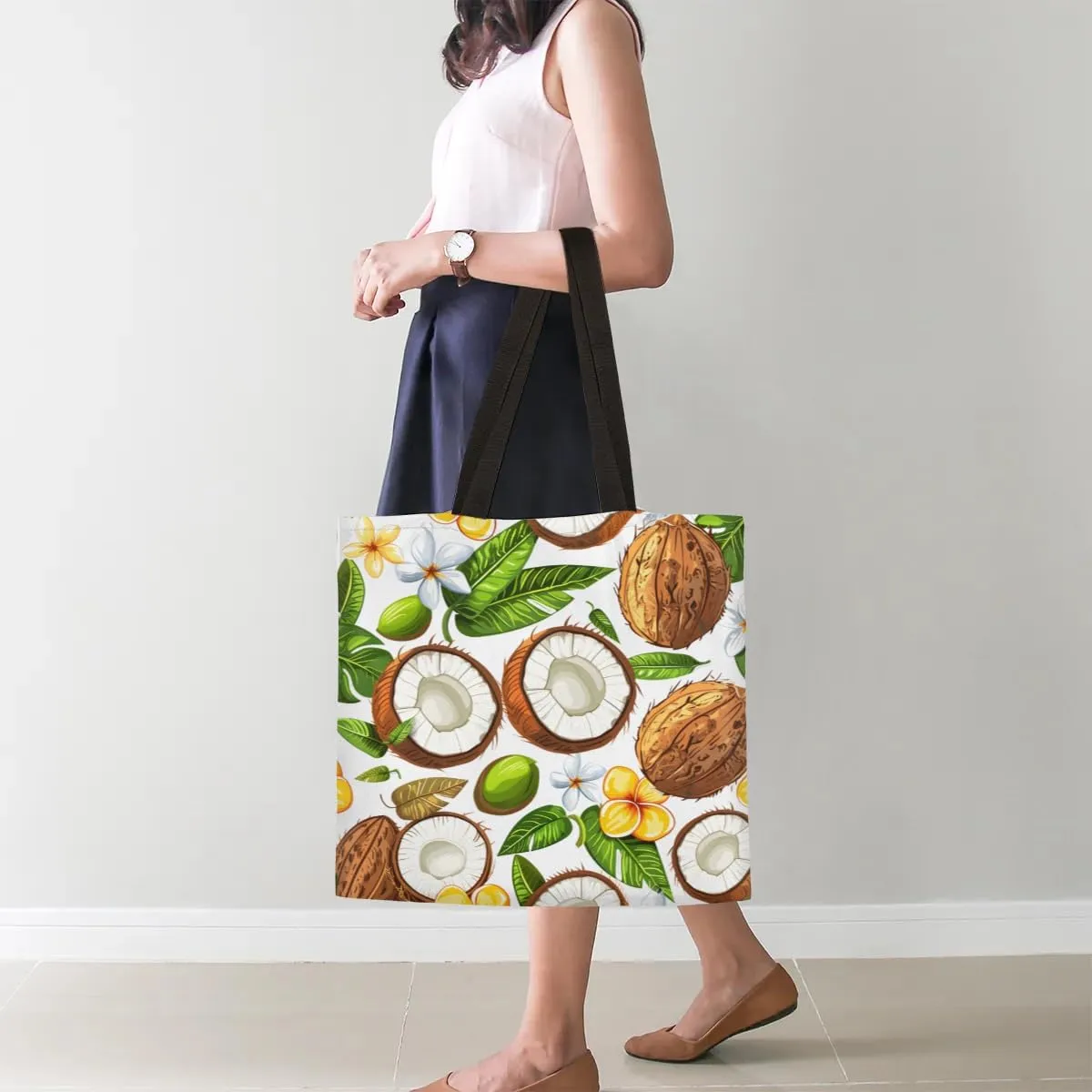 Coconuts Tropical Leaves Flowers Canvas Tote Bag for Women Men Stylish Tote Handbag Shoulder Bag Reusable Grocery Bag