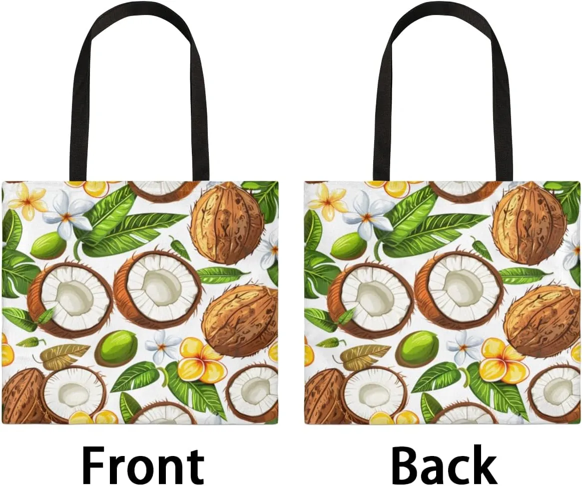 Coconuts Tropical Leaves Flowers Canvas Tote Bag for Women Men Stylish Tote Handbag Shoulder Bag Reusable Grocery Bag