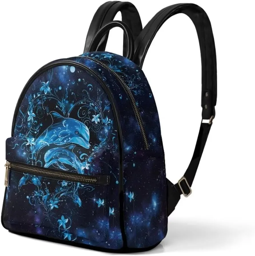 Coldinair Blue Dolphins Women Small Leather Backpack Purse - Floral Mini Purse for Girls Kids, Lightweight Waterproof Shoulder Bag, Travel Daypack for School College