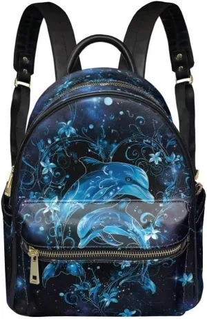 Coldinair Blue Dolphins Women Small Leather Backpack Purse - Floral Mini Purse for Girls Kids, Lightweight Waterproof Shoulder Bag, Travel Daypack for School College