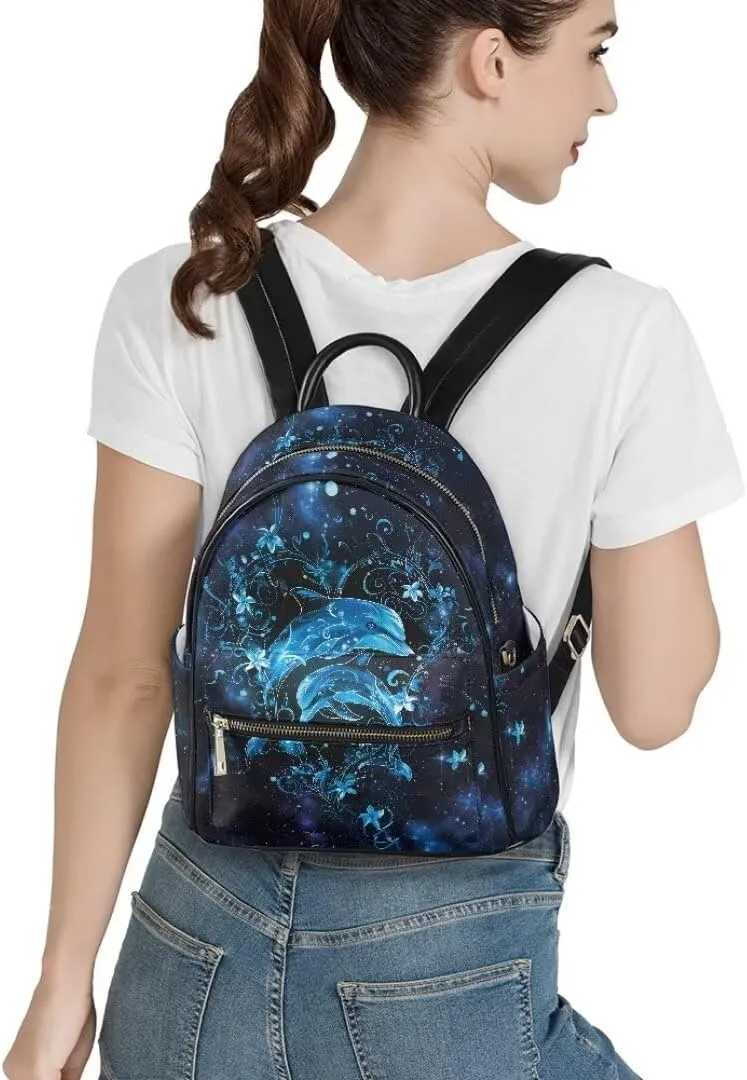 Coldinair Blue Dolphins Women Small Leather Backpack Purse - Floral Mini Purse for Girls Kids, Lightweight Waterproof Shoulder Bag, Travel Daypack for School College