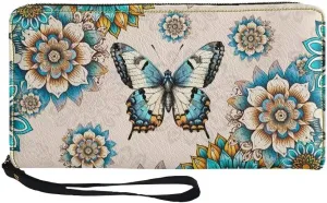 Coldinair Boho Flower Butterfly Women Wallets Bifold Ladies Clutch Wristlet Long Purse with Zipper,RFID Blocking