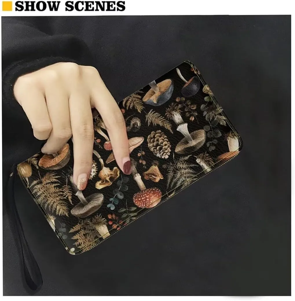 Coldinair Womens Wallet Vintage Mushroom RFID Blocking Handbag Purse PU Leather Zip Around Wallets Large Capacity Long Purse Credit Card Clutch Bag Wristlet Strap