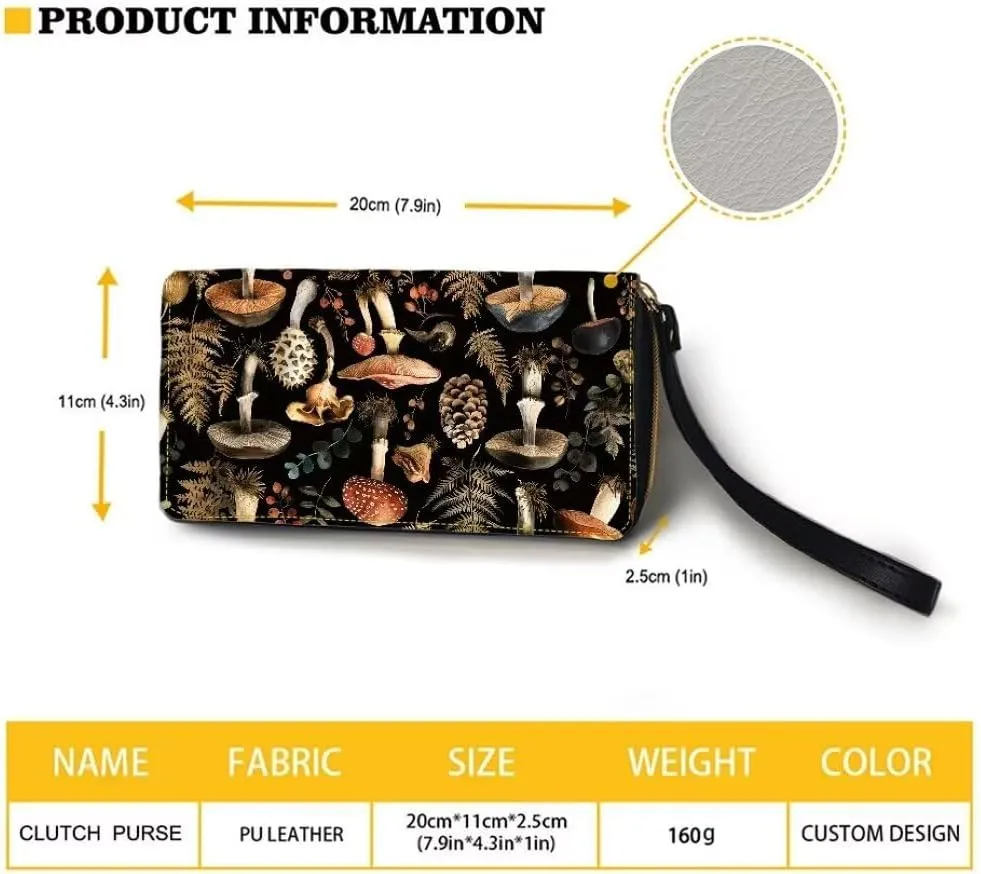 Coldinair Womens Wallet Vintage Mushroom RFID Blocking Handbag Purse PU Leather Zip Around Wallets Large Capacity Long Purse Credit Card Clutch Bag Wristlet Strap