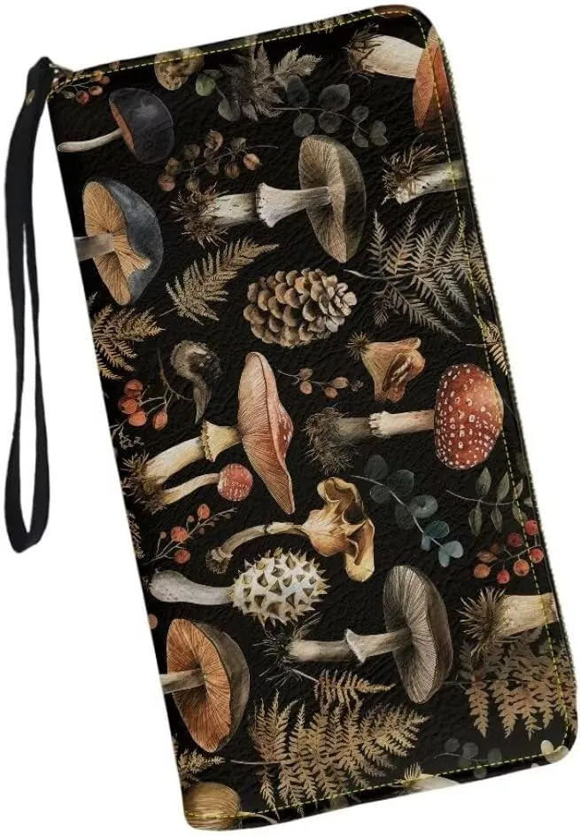 Coldinair Womens Wallet Vintage Mushroom RFID Blocking Handbag Purse PU Leather Zip Around Wallets Large Capacity Long Purse Credit Card Clutch Bag Wristlet Strap