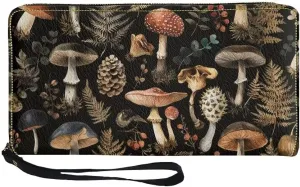 Coldinair Womens Wallet Vintage Mushroom RFID Blocking Handbag Purse PU Leather Zip Around Wallets Large Capacity Long Purse Credit Card Clutch Bag Wristlet Strap