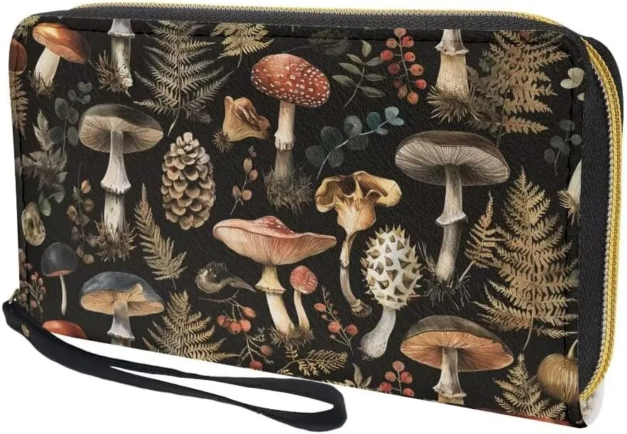 Coldinair Womens Wallet Vintage Mushroom RFID Blocking Handbag Purse PU Leather Zip Around Wallets Large Capacity Long Purse Credit Card Clutch Bag Wristlet Strap