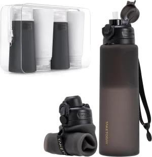 Collapsible 32oz Silicone Water Bottle, Foldable Travel Bottle with Straw, BPA Free, Leakproof for Hiking, International Travel, Outdoors