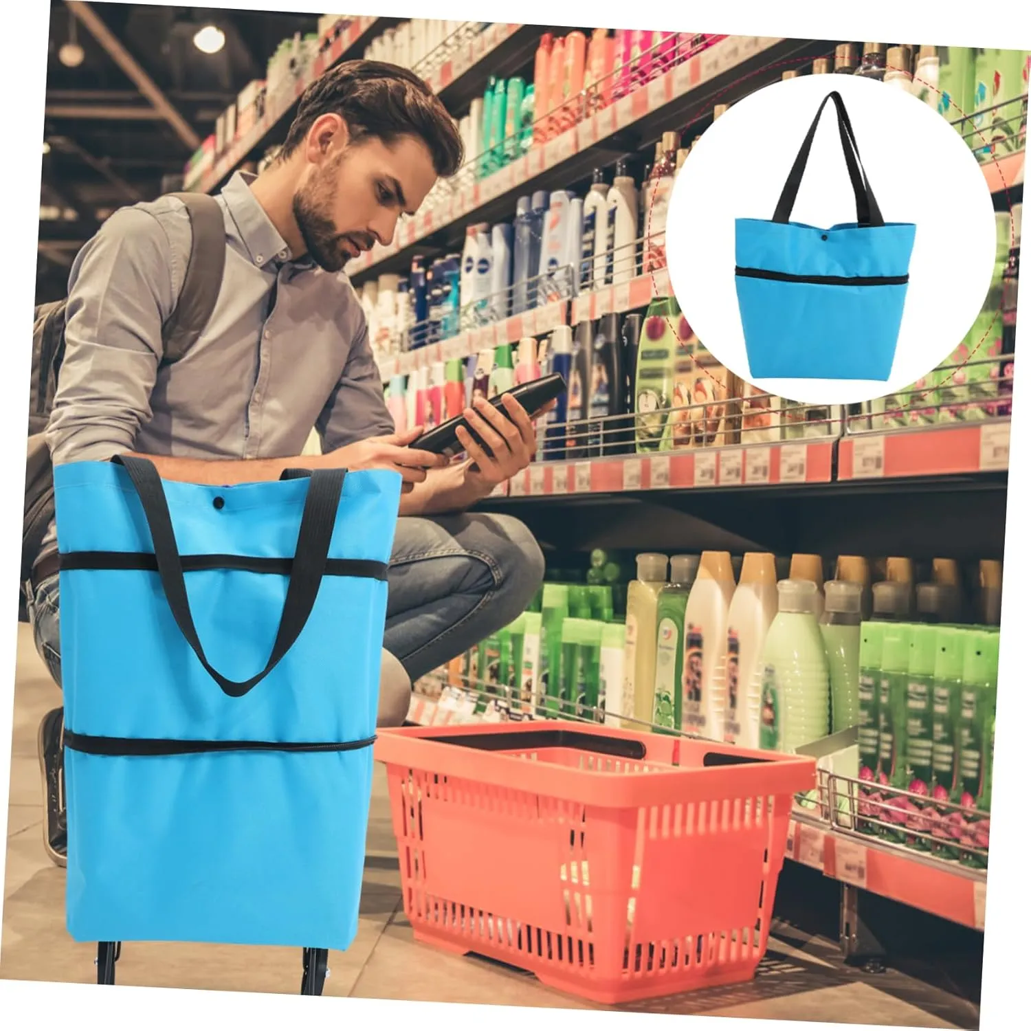 Collapsible Bag Large Capacity Grocery Trolley Folding Shopping Trolley Bag Laundry Wheels Storage