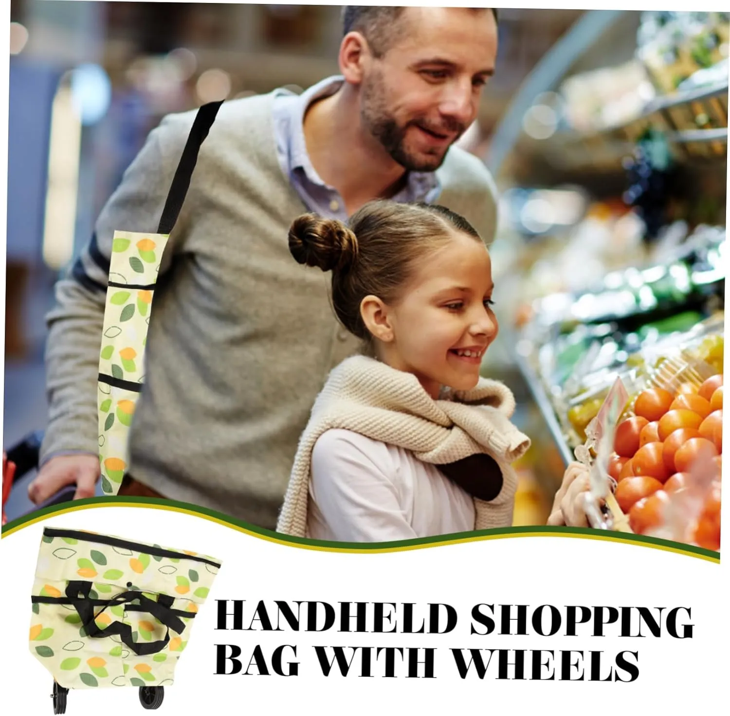 Collapsible Trolley Bag Large Capacity Shopping Grocery Pouch with Wheel Reusable Folding for Home Travel Daily Use