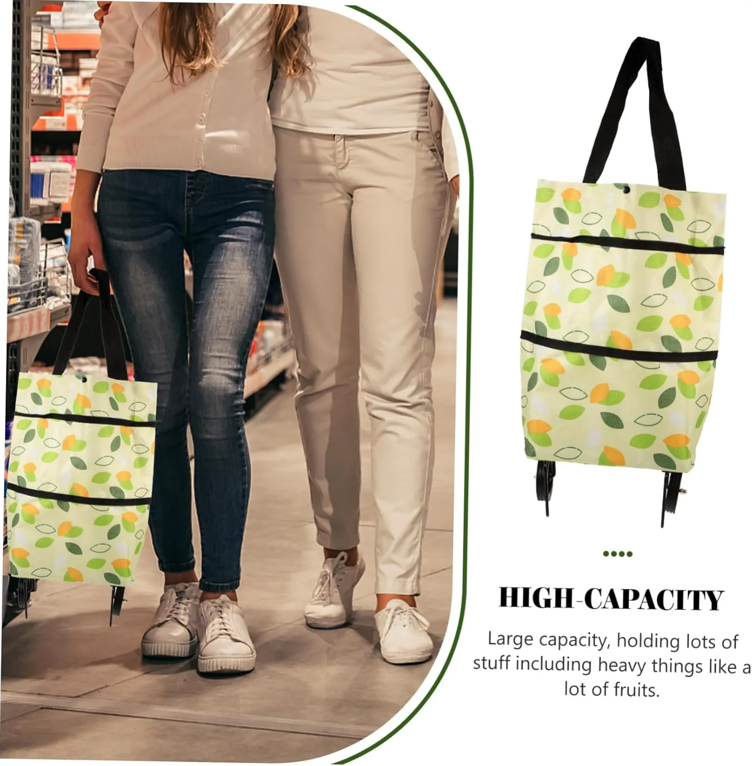 Collapsible Trolley Bag Large Capacity Shopping Grocery Pouch with Wheel Reusable Folding for Home Travel Daily Use
